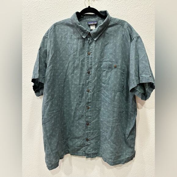 Patagonia Mens Cross Print Hemp Blend Short Sleeve Button Up Shirt Size XXL Blue - Picture 1 of 11